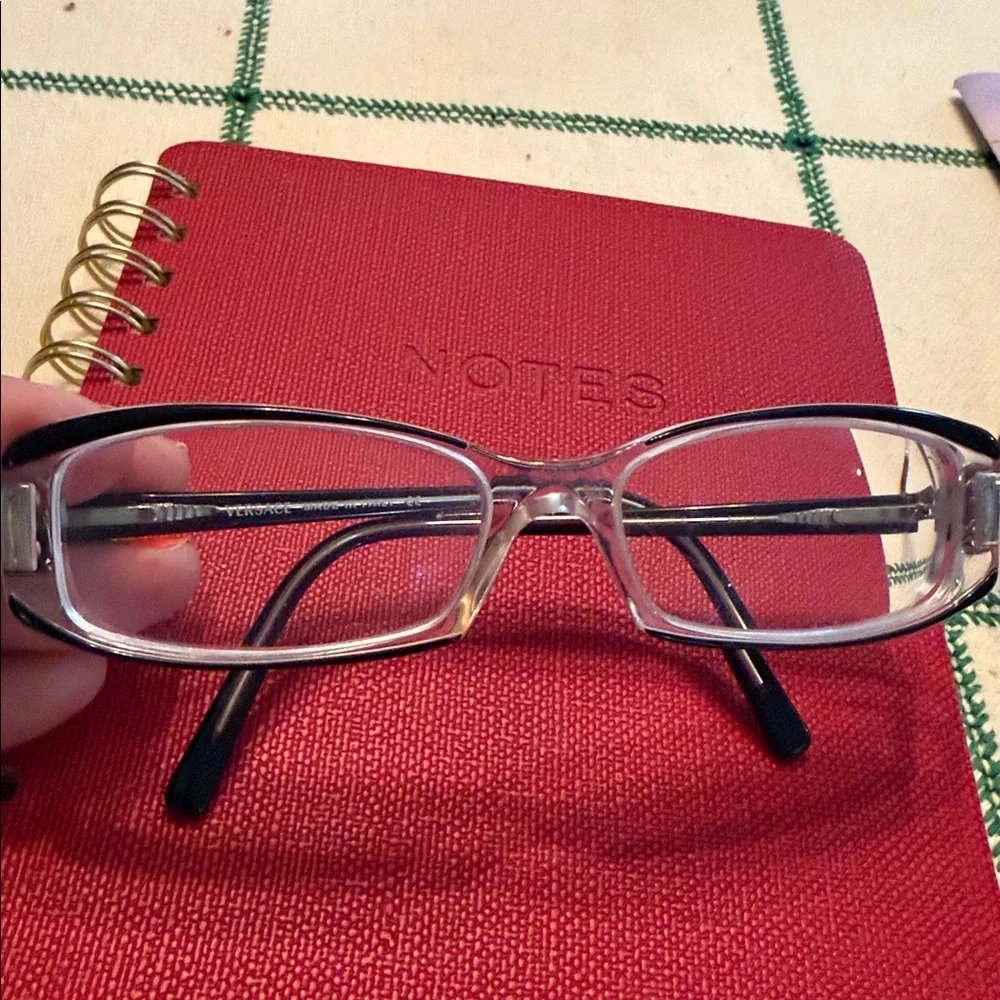 Versace Clear Frame Black Temples glasses with Medusa Detail